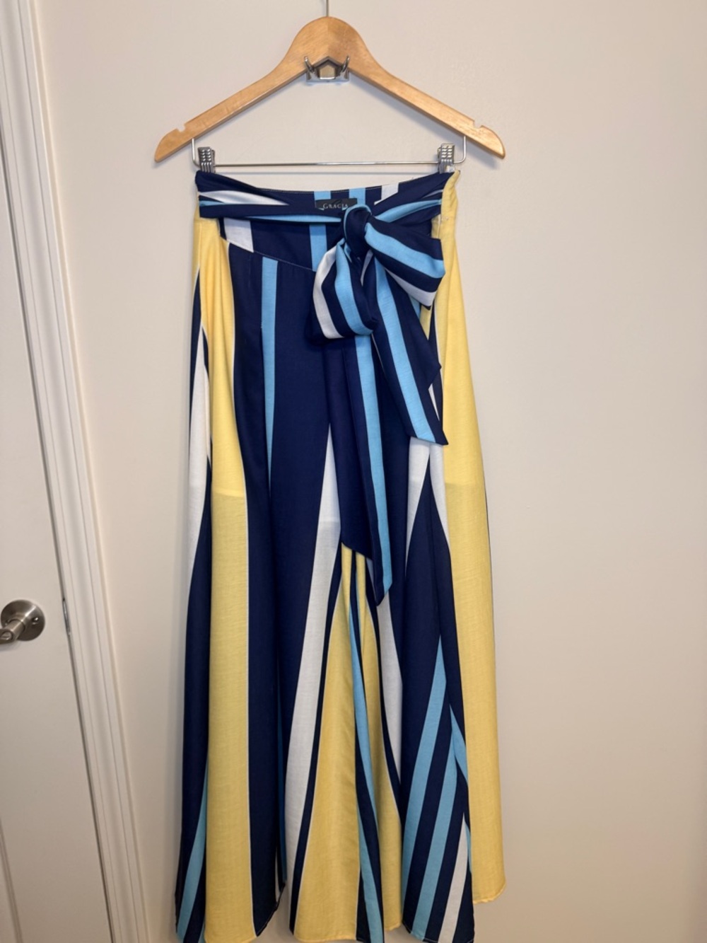Gracia Navy, Light Blue, White & Yellow Striped Tie-Waist Maxi Skirt